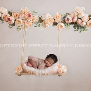 Floral swing Newborn Digital Backdrop decorated with pink and peach flowers - Peaches &#39;n&#39; Cream