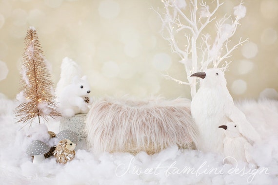 Newborn Photography Digital Background Snowy Scene 2 with Woodland Creatures