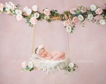 Newborn Floral Swing Digital Backdrop - Wooden swing decorated with roses, moss & eucalyptus