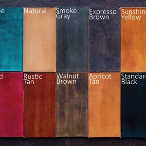 Pu&ograve; includere: Una tavolozza di colori con dieci campioni di pelle in varie tonalit&agrave;. I colori includono blu, naturale, grigio fumo, marrone espresso, giallo sole, rosso, marrone rustico, marrone noce, marrone albicocca e nero standard. Ogni campione &egrave; etichettato con il suo nome.