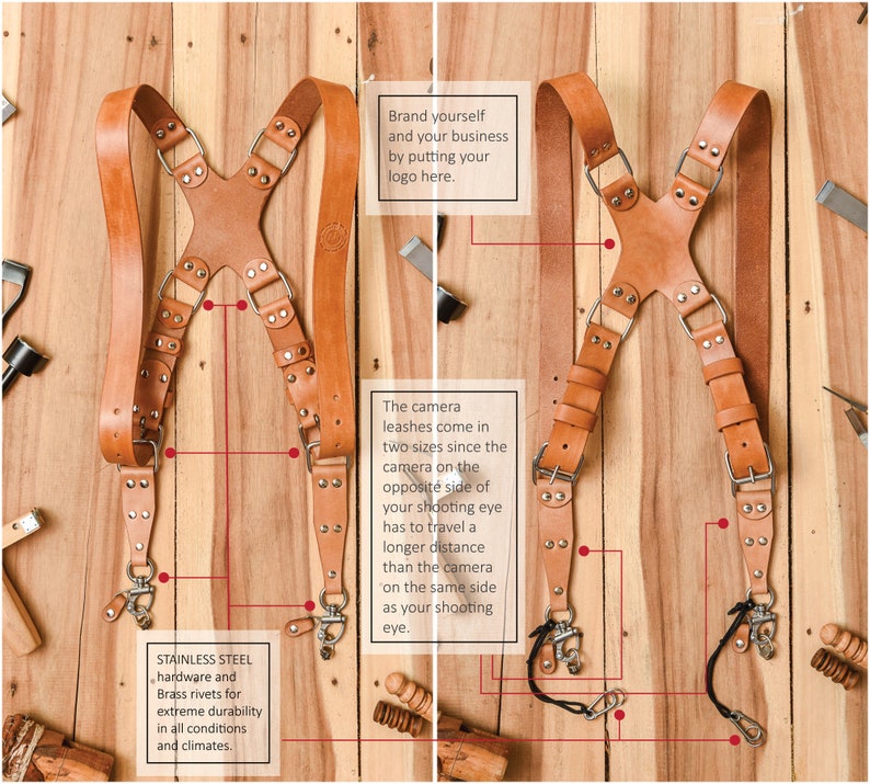 Pu&ograve; includere: Cinghie per fotocamera in pelle marrone chiaro con hardware in acciaio inossidabile e rivetti in ottone. Le cinghie hanno fibbie e clip regolabili per il fissaggio a una fotocamera. Il testo nell'immagine dice: "Marchia te stesso e la tua attivit&agrave; mettendo il tuo logo qui."