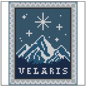 May include: A rectangular cross-stitch pattern featuring a stylized mountain range in shades of blue and white under a night sky with a large star and smaller stars. The word VELARIS is printed in white block letters at the bottom of the design.