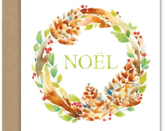 Noel Wreath (xmas-1) GREETING CARD, Christmas Card, June Watercolor, June Watercolor Art, Greeting Cards by June Watercolor