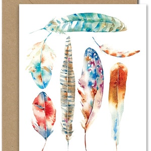 7 penas (cada- 5) CARTÃO, aquarela de junho, arte em aquarela de junho, cartões de felicitações até aquarela de junho