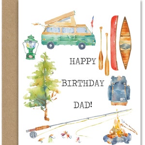 Happy Bday Dad Camping (bday-4) CARTÃO DE FESTA, aquarela de junho, arte em aquarela de junho, cartões de felicitações até aquarela de junho