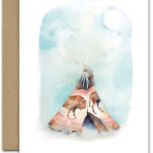 Búfalo Teepee (baby-5) CARTÃO, aquarela de junho, impressão de tenda, cartões comemorativos até junho aquarela, impressão de búfalo, arte de búfalo, tenda