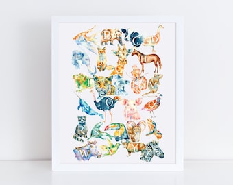 ABC Alphabet Animal Wall Art Print, A to Z Nursery Art, Watercolor Animal Print, Kids Room Decor, Baby Nursery Wall Decor, ABC Nursery Decor