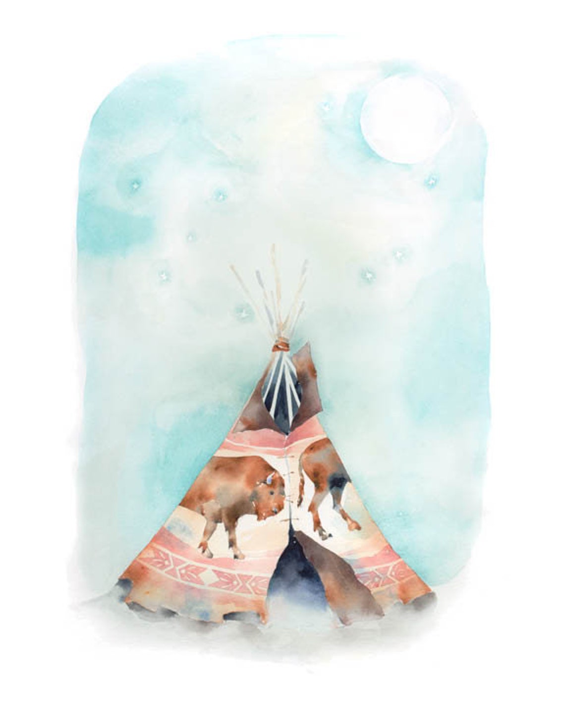 Buffalo Teepee (boho-4) ART PRINT, Watercolor Teepee, Teepee Print ...