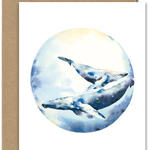Carte de voeux maman et bébé baleine (evry-4), aquarelle de juin, aquarelle de juin, cartes de voeux par aquarelle de juin