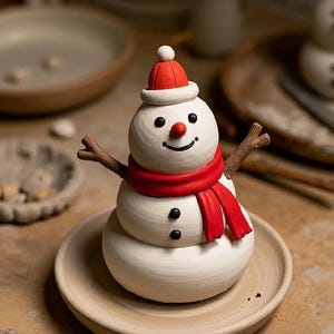 May include: A ceramic snowman figure, featuring a red hat and scarf, with twig arms and a smiling face. The snowman has black button details and is presented on a beige plate, ideal for festive decoration.
