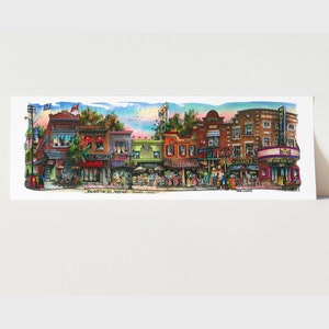 May include: A watercolor painting of a street scene in Toronto, Canada. The painting depicts a row of colorful storefronts with signs that read "Cafe Matisse", "Chin Chin", "Thai Hat", "Allen's", and "Music Hall".