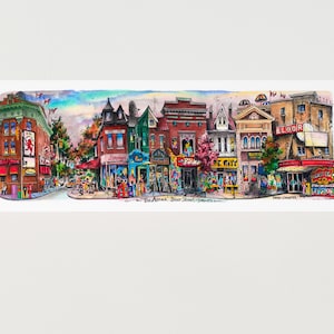 Puede incluir: Una pintura de acuarela de una escena callejera en Toronto, Canadá. La pintura representa una fila de fachadas de tiendas coloridas con letreros que dicen "Bloor", "Palace", "Sky City" y "Sunny's". La calle está bordeada de árboles y hay gente caminando.