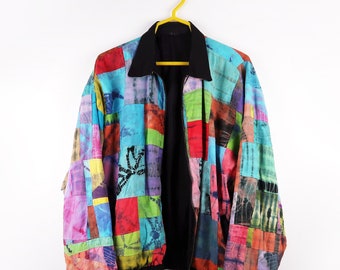 TIE DYE Patchwork Bomber Jacket - Vintage Colorful Zip Front Pockets Long Sleeve Lined Collar Cinched Waist Oversized L XL Retro Hipster 80s