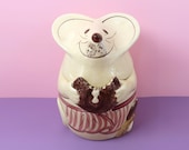 MOUSE Cookie Jar - Vintage NS Gustin Co Apron Canister Storage - Retro Kitchen Home Decor Country Farmhouse Cute Adorable Baking Boho Pink