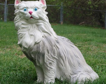 PERSIAN CAT Figurine - Vintage Large 22" Ceramic White Gray Pink Blue Eyes - Statement Art Pottery Sculpture Entryway Accent MCM Home Decor