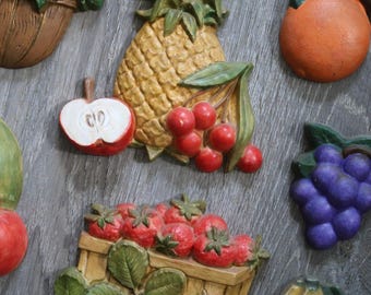 FRUIT Wall Art Sculptures - Vintage Ceramic Fruit Vegetable Berry Citrus Produce - Hanging Kitchen Dining Nook Gallery Home Restaurant Decor