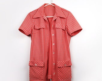 GINGHAM Button Up Shirt - Vintage Short Sleeve Collared Picnic Plaid - Red White Retro Blouse - Fancy Pajama Top - Faux Pockets 60s 70s 80s