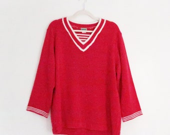 CHERRY VARSITY Sweater - Vintage Preppy Red White - Oversized Large L Crew Neck Soft Knit Thin Lightweight Top Retro Acrylic Sara Morgan 80s
