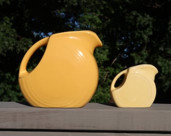 FIESTA DISK PITCHERS - Vintage Fiestaware Small Juice Jug Miniature Creamer - Original Pale Mustard Yellow - Kitchen Dining Home Bar Decor