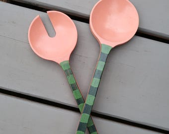 WATERMELON STRIPE Wood Salad Servers - Vintage Hand Painted 2 Piece Set Serving Utensils Spoon Pair Rustic Kitchen Dining Home Decor Vermont