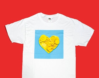 BEACH PLASTIC HEART T-shirt Made With Beach Plastic / Art Design Illustration Graphic Tee / Yellow Blue Print on White Shirt - Retro Pop Art