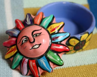 SUN Trinket Box - Vintage Ceramic Hand Painted Catchall w/ Lid Small Jewelry Storage - Sunflower Colorful Celestial BOHO Eclectic Art Gift