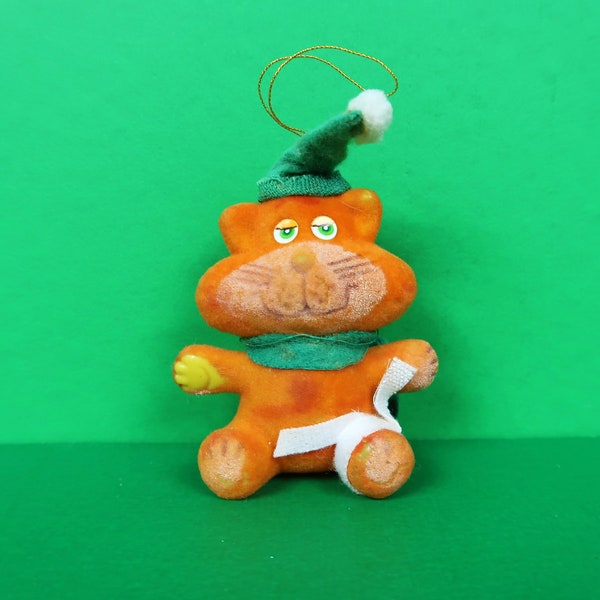 CAT Ornament - Vintage Flocked Anthropomorphic Kitten Cats Hat Scarf Christmas Tree Holiday Home Decor Accent Retro Small Gift Idea 70s 80s