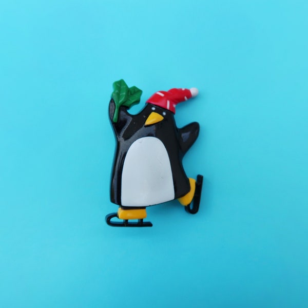 PENGUIN Pin - Vintage Hallmark - Cloisonne Lapel Brooch Plastic - Ice Skating Holly Hat - Retro Christmas Holiday Accessory Stocking Stuffer