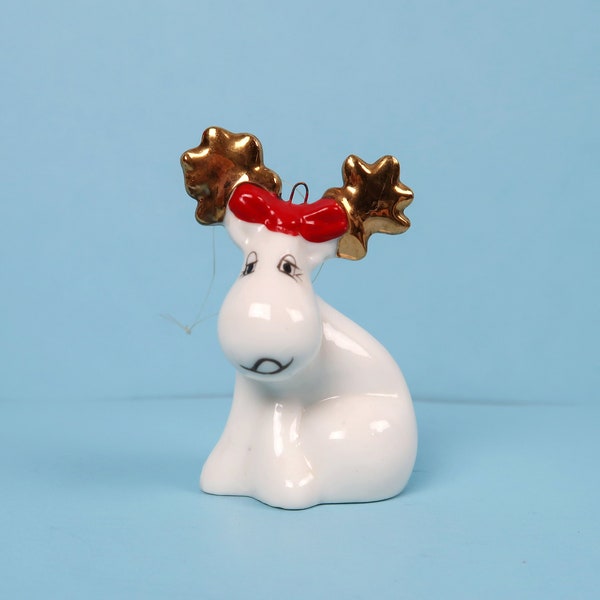 REINDEER Ornament - Vintage Dept 56 Ceramic Porcelain White Gold Antlers Stag Rudolph Retro Mid Century Mod Christmas Holiday Home Decor 80s