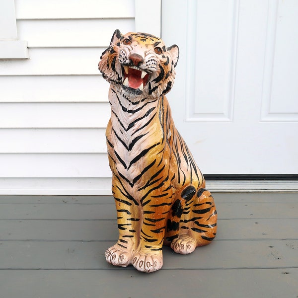 TIGER Figurine - 23" Large Vintage Ceramic Hand Painted Bengal Wild Cat Mid Century Modern Statement Accent Home Decor Gift - Made in Italy