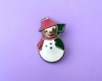 SNOWMAN Enamel Pin - Vintage Metal Cloisonne Lapel Brooch - Red White Green Gold Scarf - Retro Christmas Holiday Accessory Stocking Stuffer