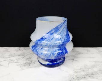 RIBBED Brush Stroke Vase - Vintage Bulbous Art Glass Planter - White Cobalt Blue Clear - Small Round Tabletop Shelf Mantle Accent Home Decor