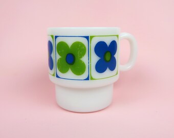 MOD FLORAL Milk Glass Mug - Vintage Retro Mid Century Flowers Design Art Motif - Green Blue - Coffee Tea Drinkware Kitchen Dining Home Decor