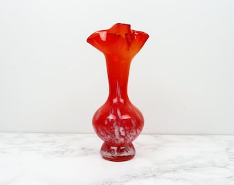 MILLEFIORI Bud Vase - Vintage Red Orange Speckled Art Glass - Skinny Ruffle Rim Edge - Small Bulbous Tabletop Mantle Shelf Accent Home Decor