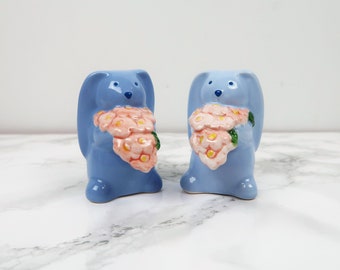 FLORAL BUNNY Salt & Pepper Shakers - Vintage Ceramic Pair of 2 Set - Pastel Blue Pink Spring Easter Rabbit Flowers Kitchen Dining Home Decor