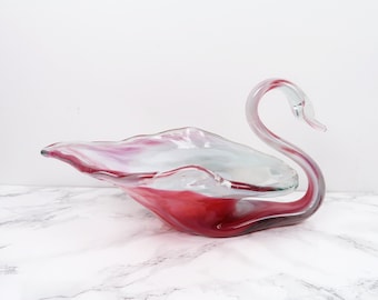 LARGE MARBLED SWAN Bowl - Vintage Hand Blown Glass Figurine Pink Clear White Mid Century Mod Art Deco Centerpiece Accent Tabletop Home Decor