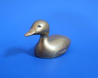 BRASS DUCK Figurine - Vintage Small Paperweight Miniature Decoy - Mid Century Modern Gold Patina Tabletop Shelf Desk Accent Home Decor Gift