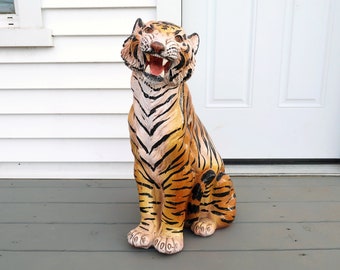 TIGER Figurine - 23" Large Vintage Ceramic Hand Painted Bengal Wild Cat Mid Century Modern Statement Accent Home Decor Gift - Made in Italy