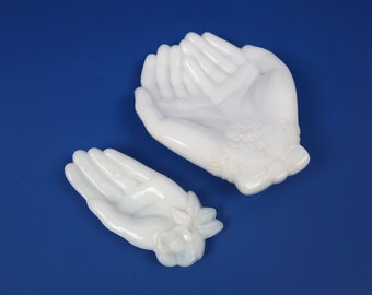 2 HAND Catchalls - Vintage AVON Milk Glass White Small Soap Trinket Jewelry Ring Dish - Pair Two Hands Floral Bow - Tabletop Home Decor 70s