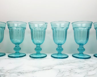 6 AQUA Goblet Glasses - Vintage Retro Set of Six Retro Colorful Blue Soda Ice Cream Sundae Cocktail Kitchen Dining Drinkware Home Bar Decor