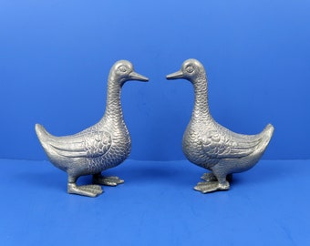 2 METAL DUCK Figurines - Vintage Pewter Silver Italian Pair of Two Bird Goose Small Birds Art Shelf Mantle Tabletop Accent Home Decor Italy