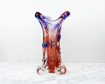 LAVA GRADIENT Vase - Vintage Colorful Art Glass Orange Blue Organic Shape Big Large Tall Volcano Tabletop Centerpiece Mid Century Home Decor