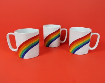 3 RAINBOW Mugs - Vintage Retro 80s Pride LGBT Stripes Colorful Art Coffee Tea Cup - Boho Kitchen Home Decor Drinkware Collectible Japan 70s