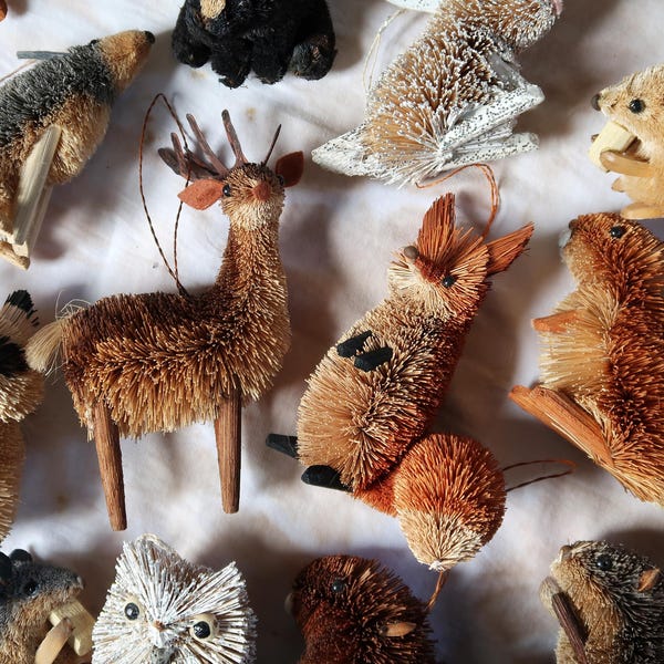 WOODLAND ANIMAL Ornaments - Vintage Figurines Choice Bear Deer Squirrel Bunny Beaver - Bottle Brush Christmas Holiday Home Decor Set Nature