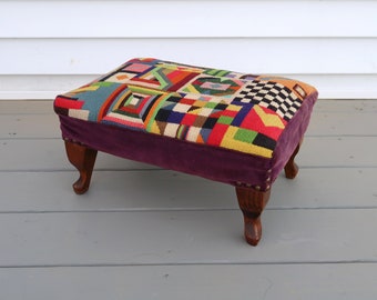 BAUHAUS FOOTSTOOL - Vintage Needlepoint Geometric Color Block Design Embroidery - Handmade Art Living Room Statement Accent MCM Home Decor