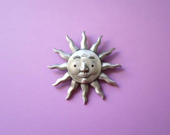 SUN Pin - Vintage Metal Pewter Brooch Cloisonne Lapel Jewelry Accessory Anthropomorphic Metallic Celestial Crescent Moon Astrology Retro
