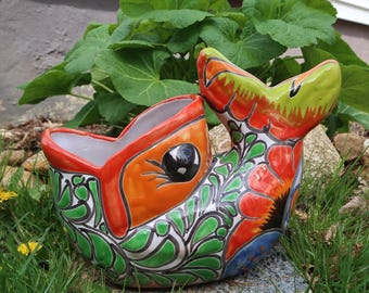 FISH PLANTER - Vintage Talavera Ceramic Anthropomorphic Figurine Medium Large Mexican Art Hand Painted Terracotta Drainage Garden Home Decor