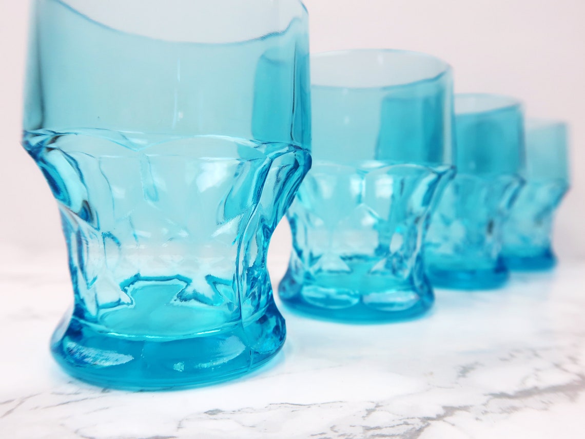 4 AQUA GLASSES Vintage Geometric Depression Glass Cup Set Etsy