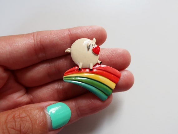 RAINBOW PIG Pin - Vintage Metal Enamel Cloisonne … - image 2