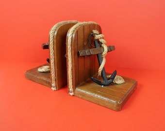 ANCHOR Bookends - Vintage Nanco Wood Sculpture Art - Boat Ship Sailing Nautical Tabletop Shelf Mantle Vacation Beach Lake House Home Decor